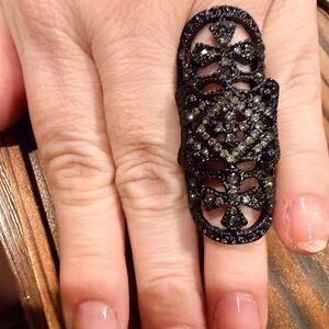 Black Filigree Crystal Long Midi Ring - Women Jewelry